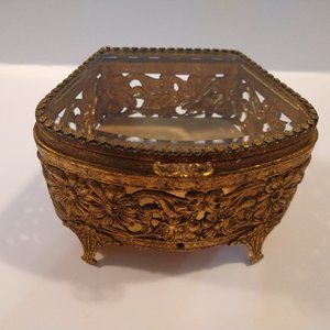 Vintage Brass, Footed, Filigree & Glass Jewelry / Keepsake Box
